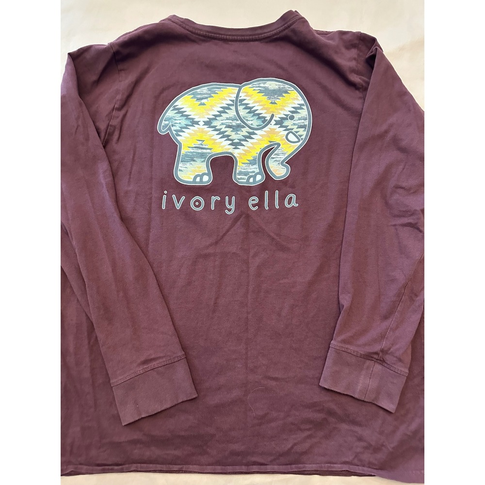 Ivory Ella Long Sleeve Pocket Tee Burgundy Aztec Elephant Organic Cotton Large